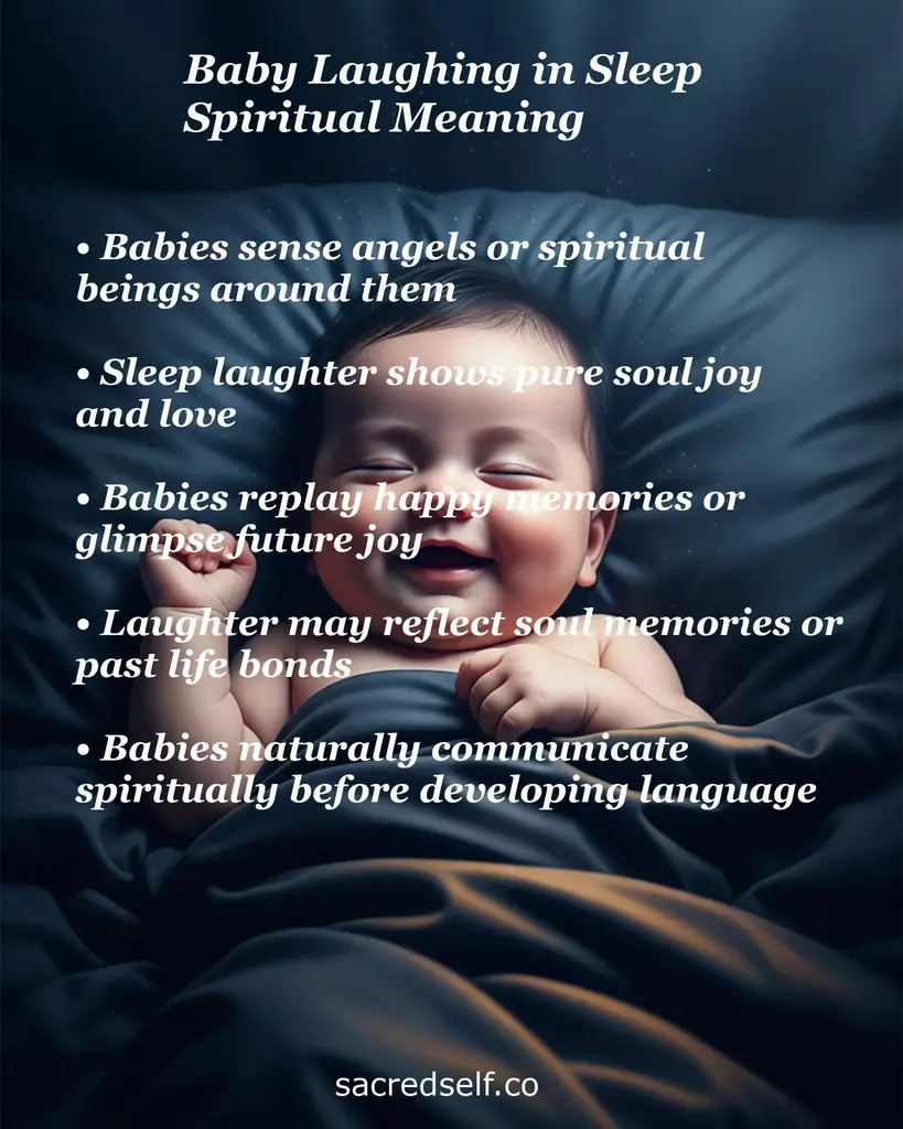 Sleeping baby smiling on dark blue bedding with text about angels, soul joy, future glimpses and spiritual communication