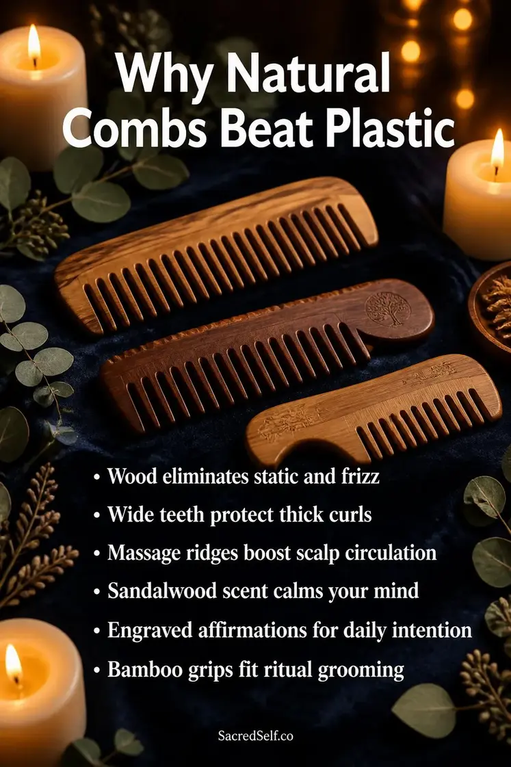 Natural wooden combs with carved handles arranged on deep indigo velvet surface surrounded by glowing cream candles and fresh eucalyptus sprigs - best spiritual combs