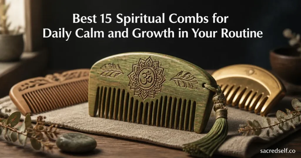 Photorealistic 16:9 still life of an engraved green sandalwood spiritual comb with tassel as the hero, arranged on a wooden table with two blurred combs and dried flowers; large white centered title at top and small "sacredself.co" watermark bottom right.