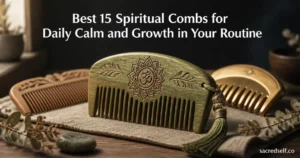 Photorealistic 16:9 still life of an engraved green sandalwood spiritual comb with tassel as the hero, arranged on a wooden table with two blurred combs and dried flowers; large white centered title at top and small "sacredself.co" watermark bottom right.