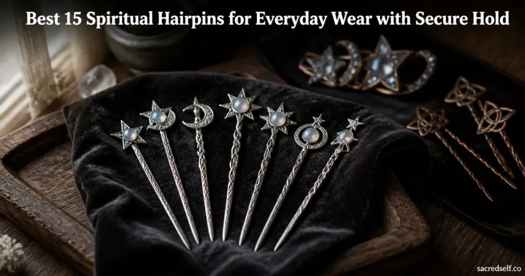 Cozy 16:9 still-life of silver star-and-moon hair sticks on dark velvet with crystal and bronze hairpins in soft bokeh, top-centered white title and small 'sacredself.co' watermark.