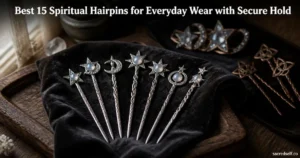Cozy 16:9 still-life of silver star-and-moon hair sticks on dark velvet with crystal and bronze hairpins in soft bokeh, top-centered white title and small 'sacredself.co' watermark.