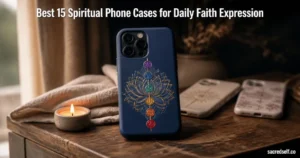 Cozy 16:9 photo of a Lotus Chakra Yoga iPhone 17 case centered on a wooden table with soft bokeh, large white title at top reading 'Best 15 Spiritual Phone Cases for Daily Faith Expression' and small white 'sacredself.co' watermark bottom-right.