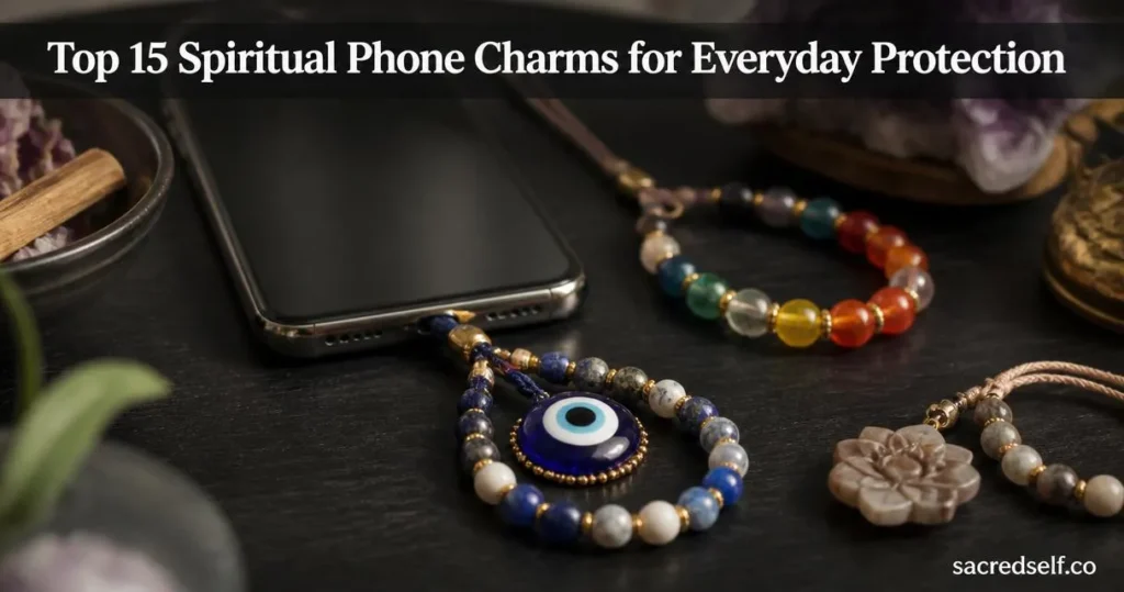 Photorealistic 16:9 still-life of a natural stone evil eye phone charm attached to a brandless phone, centered as the hero, with rainbow beaded and lotus agate charms nearby on a dark muted surface; top-centered white title text reads 'Top 15 Spiritual Phone Charms for Everyday Protection' and small white 'sacredself.co' watermark at bottom right.