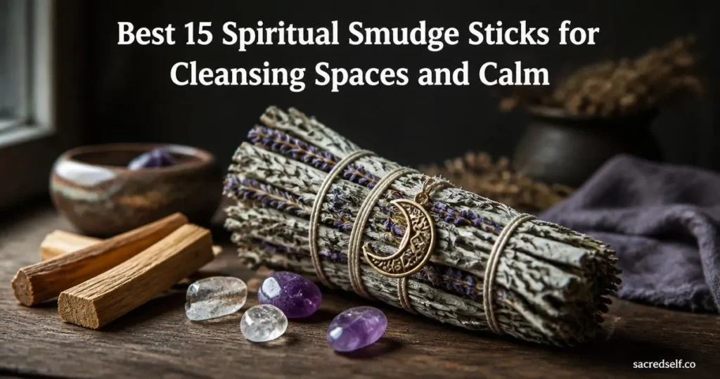 Cozy, photorealistic still-life of a lavender and white sage smudge bundle with a crescent-moon charm, palo santo sticks and small crystals on a dark wooden table; centered white title at top reads 'Best 15 Spiritual Smudge Sticks for Cleansing Spaces and Calm' and a small 'sacredself.co' watermark in the bottom right.