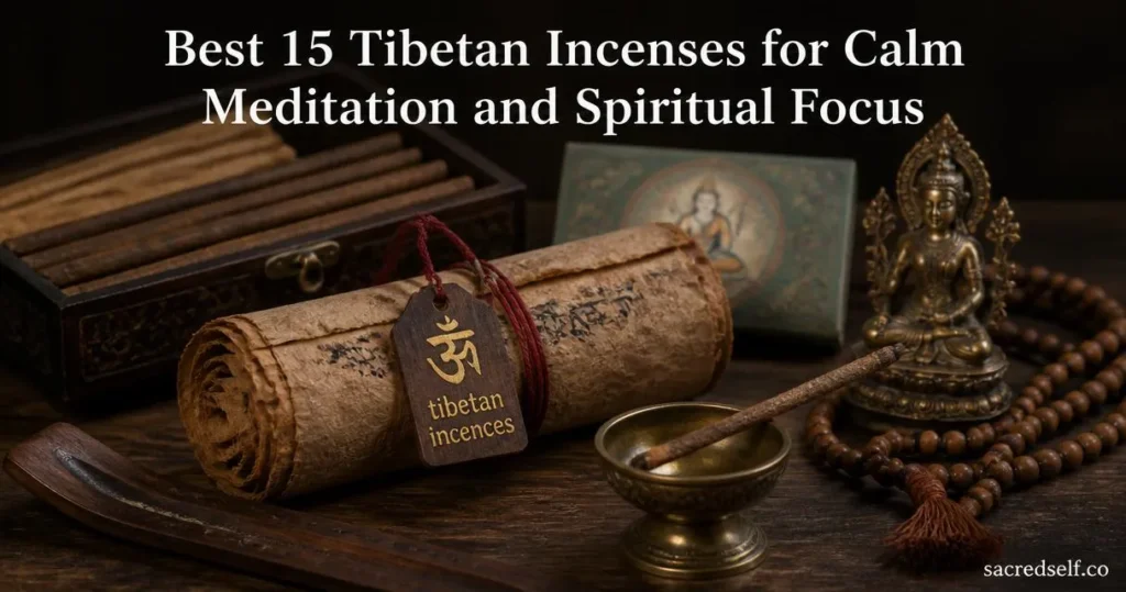 Cozy 16:9 photo of a rustic monk-blessed Tibetan incense bundle with supporting boxes, mala beads and Tara statue on a dark table; centered white title at top reads 'Best 15 Tibetan Incenses for Calm Meditation and Spiritual Focus' and small 'sacredself.co' watermark bottom-right.