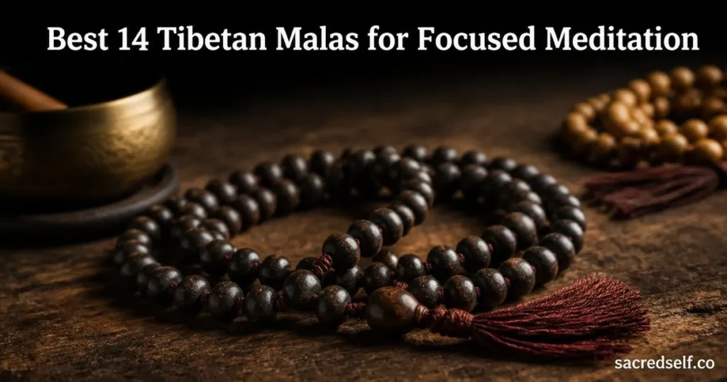 Close-up candid still-life of a Dark Yak Bone Tibetan mala (108 beads) coiled on a worn wooden table with soft bokeh; large white title centered at top: 'Best 14 Tibetan Malas for Focused Meditation' and small white watermark 'sacredself.co' in the bottom-right.