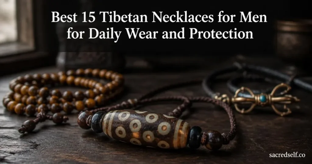 Cozy 16:9 photo of a Nine‑Eyed Dzi Tibetan necklace draped on a dark wooden table with blurred tiger eye beads and a copper vajra behind; large white title at top reading “Best 15 Tibetan Necklaces for Men for Daily Wear and Protection” and small white watermark “sacredself.co” in bottom right.