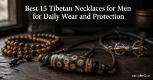 Cozy 16:9 photo of a Nine‑Eyed Dzi Tibetan necklace draped on a dark wooden table with blurred tiger eye beads and a copper vajra behind; large white title at top reading “Best 15 Tibetan Necklaces for Men for Daily Wear and Protection” and small white watermark “sacredself.co” in bottom right.