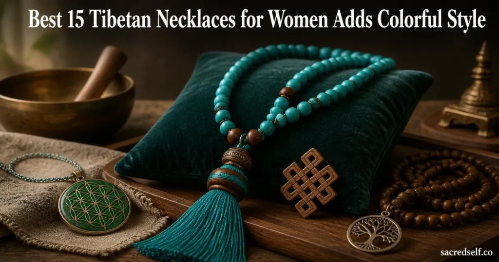 Cozy still-life of a turquoise wooden bead tassel necklace on dark velvet with a carved Tibetan endless knot charm, malachite orgonite pendant and mala beads nearby, soft natural light, shallow depth of field, title overlay at top and small "sacredself.co" watermark bottom right.