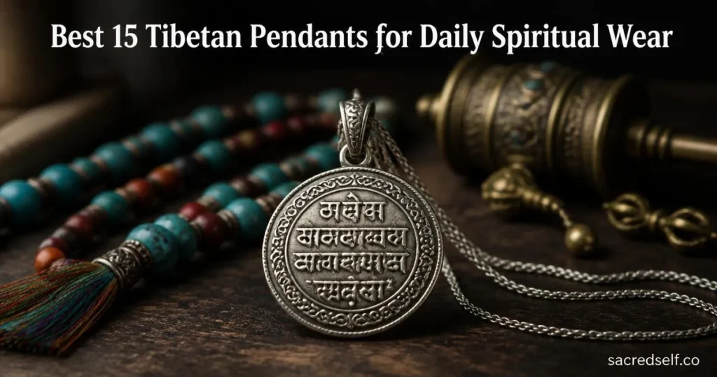 Photorealistic 16:9 image of a sterling silver Om Mani Padme Hum Tibetan pendant centered on a dark wooden surface with soft bokeh, warm natural light, blurred spiritual gift items around, white title at top and small "sacredself.co" watermark bottom right.