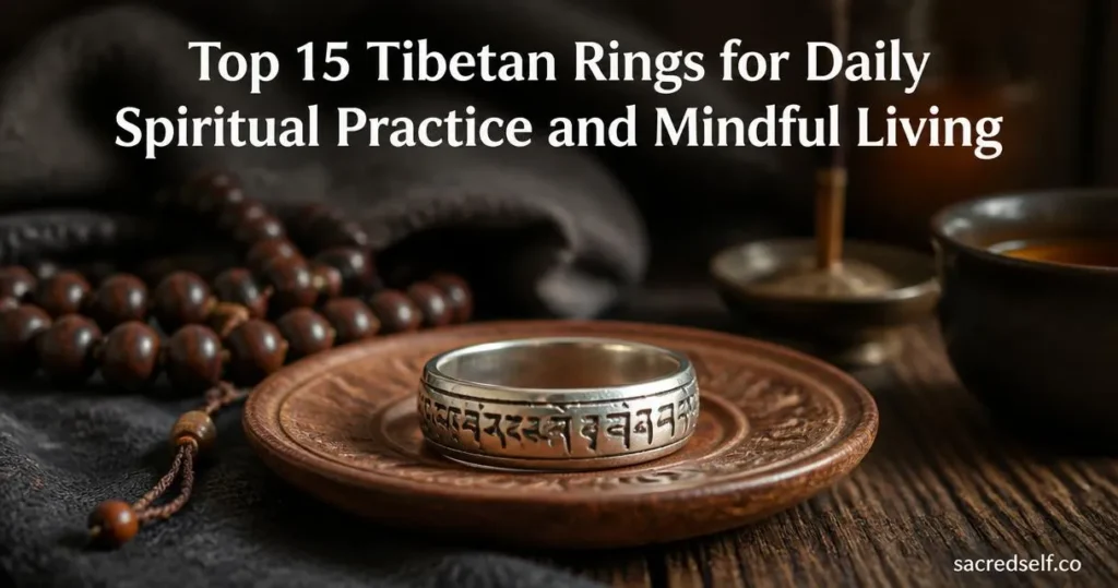Photorealistic close-up of a Tibetan Om Mani Padme Hum silver ring on a wooden dish, with blurred mala beads and dark cozy background; white title centered at top and small "sacredself.co" watermark bottom right.