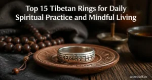 Photorealistic close-up of a Tibetan Om Mani Padme Hum silver ring on a wooden dish, with blurred mala beads and dark cozy background; white title centered at top and small "sacredself.co" watermark bottom right.
