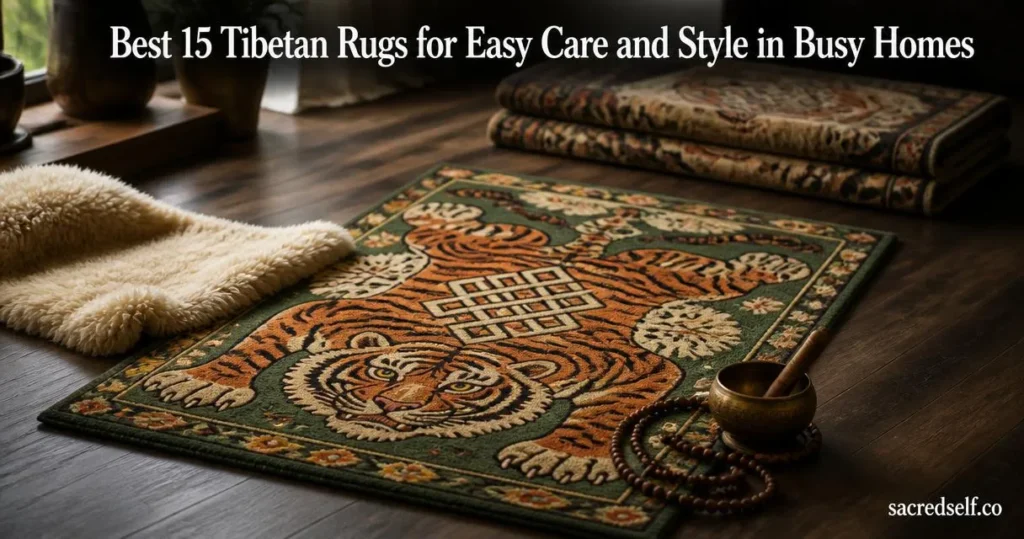 Photorealistic 16:9 image of a 5x7 Tibetan Tiger boho rug with an integrated Tibetan endless knot pattern as the hero product on a dark floor, with a sheepskin throw and folded washable Tibetan runner nearby, a singing bowl and mala beads on the rug; large white title centered at top: "Best 15 Tibetan Rugs for Easy Care and Style in Busy Homes" and small white watermark "sacredself.co" in bottom right.