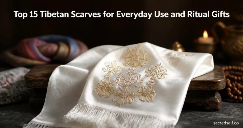 Photorealistic 16:9 shot of a white silk Tibetan khada with gold embroidered Eight Auspicious Symbols draped on a rustic altar, blurred colorful scarves and soft candle glow in the bokeh background; large white title centered at top reading 'Top 15 Tibetan Scarves for Everyday Use and Ritual Gifts' and small 'sacredself.co' watermark bottom right.