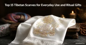 Photorealistic 16:9 shot of a white silk Tibetan khada with gold embroidered Eight Auspicious Symbols draped on a rustic altar, blurred colorful scarves and soft candle glow in the bokeh background; large white title centered at top reading 'Top 15 Tibetan Scarves for Everyday Use and Ritual Gifts' and small 'sacredself.co' watermark bottom right.