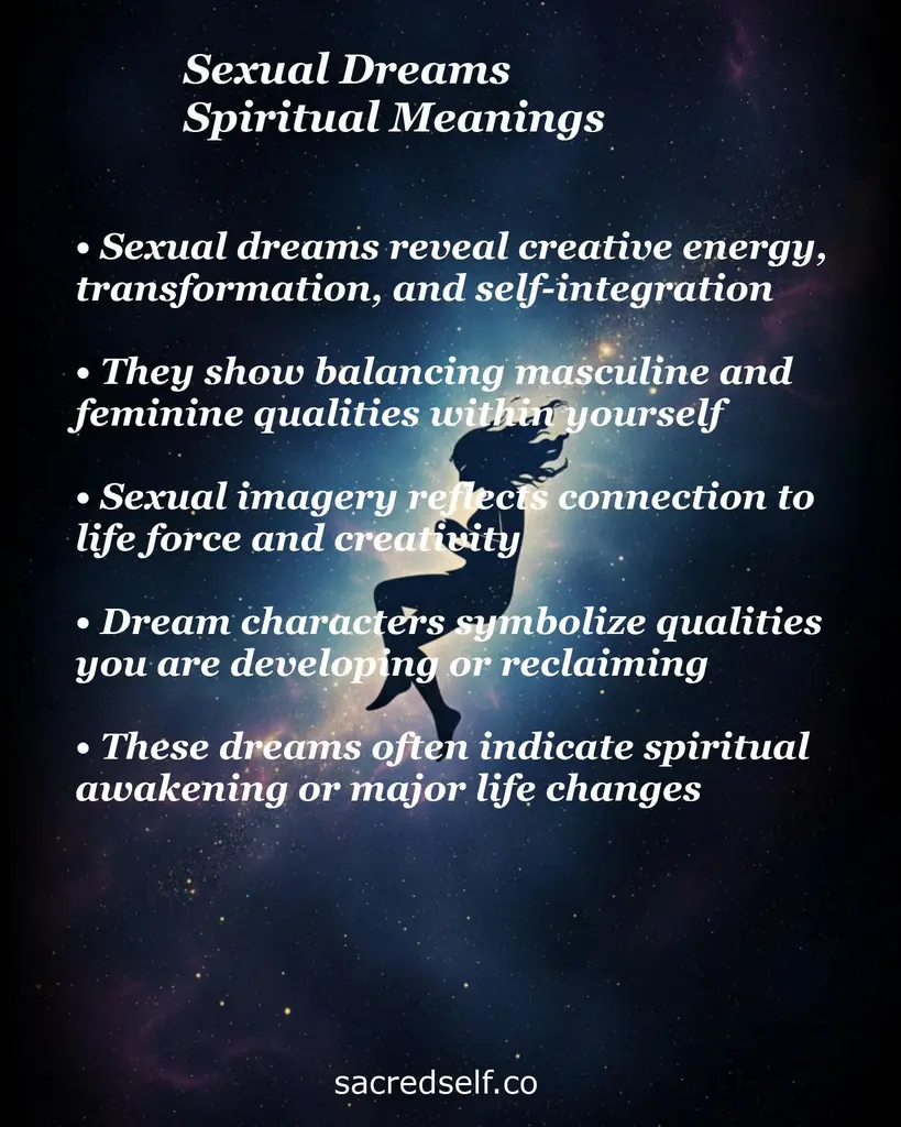 Woman silhouette over starry nebula with text on sexual dreams meaning: creativity, balance, spiritual awakening