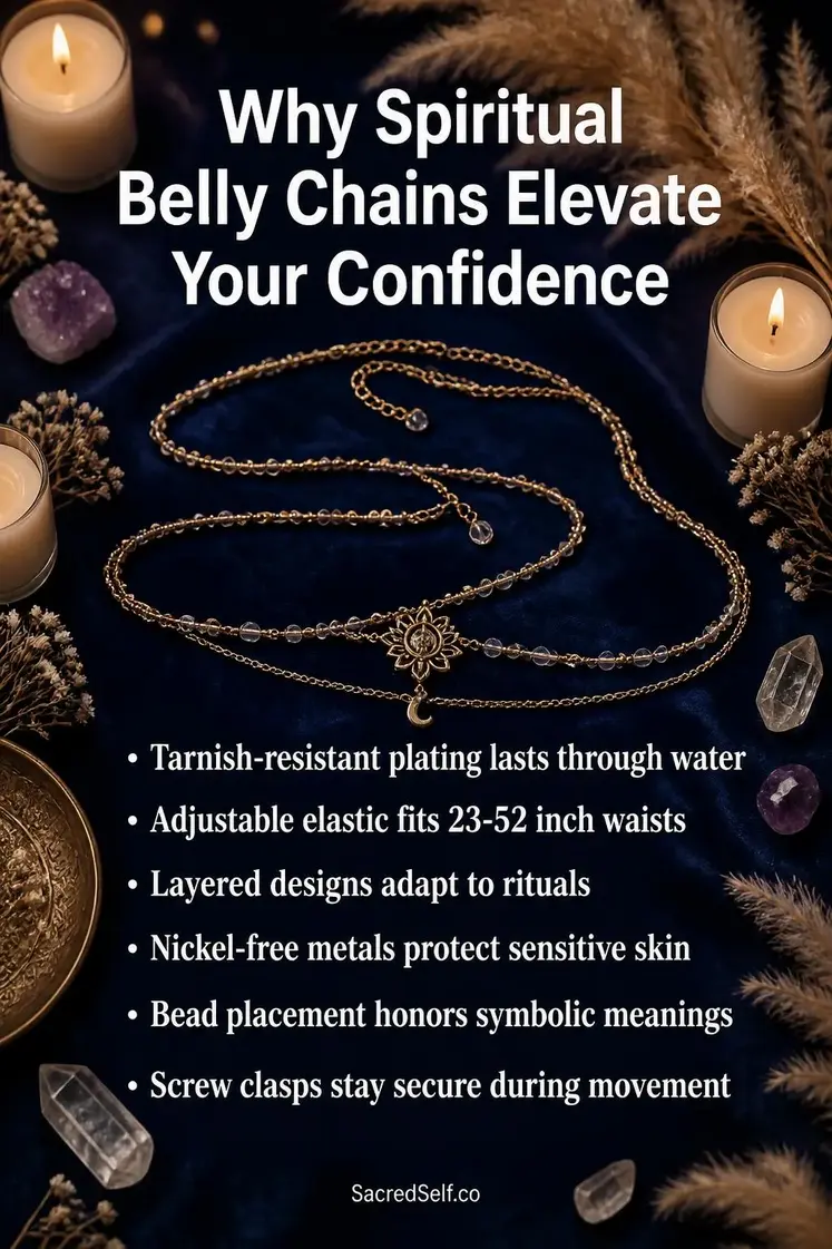 Gold and beaded belly chains arranged on deep indigo velvet surface with white candles, pampas grass, and crystals creating warm spiritual atmosphere - spiritual belly chains