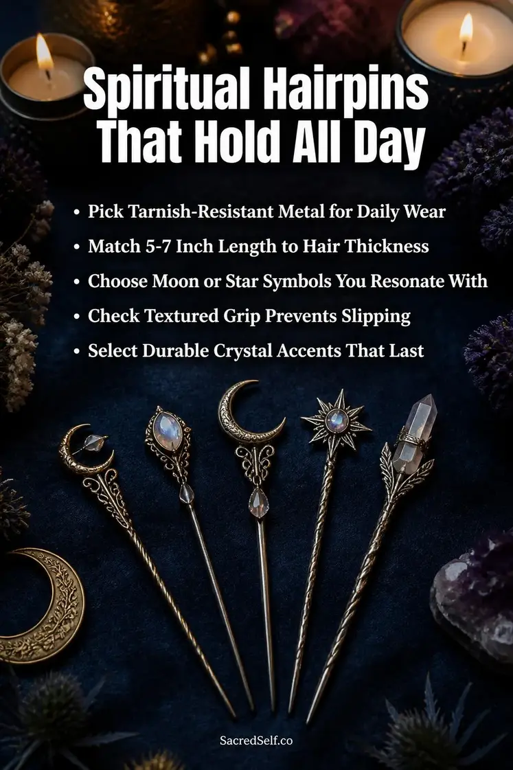 Decorative metal hairpins with moon and crystal accents, flickering candles, and botanical elements arranged on deep indigo backdrop - spiritual hairpins