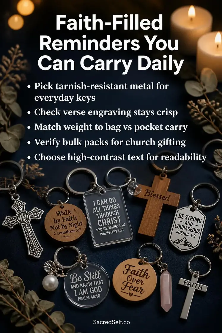 Variety of spiritual keychains with crosses and scripture verses arranged on deep indigo surface with cream candles and eucalyptus - spiritual keychains