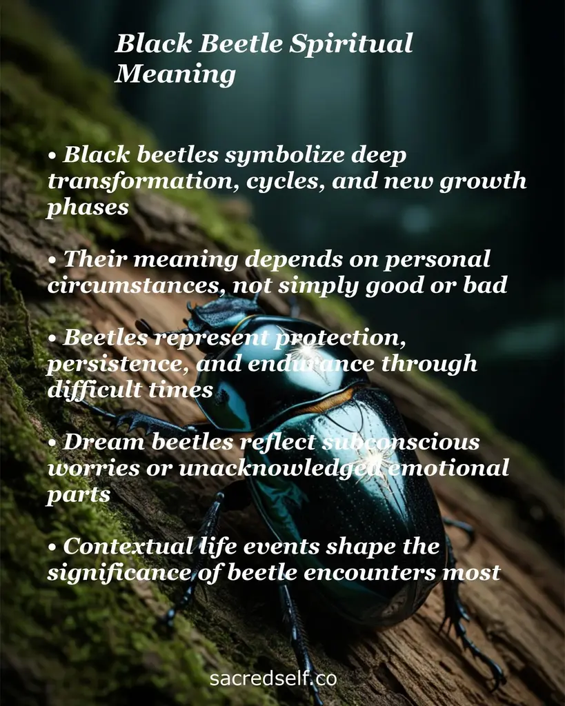 Close-up of a shiny black beetle on mossy wood with white text about transformation, protection, dreams and life context
