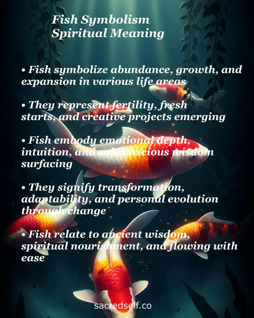 Koi fish swimming in sunlit water with overlay text about fish symbolism: abundance, fertility, emotional depth, transformation, ancient wisdom