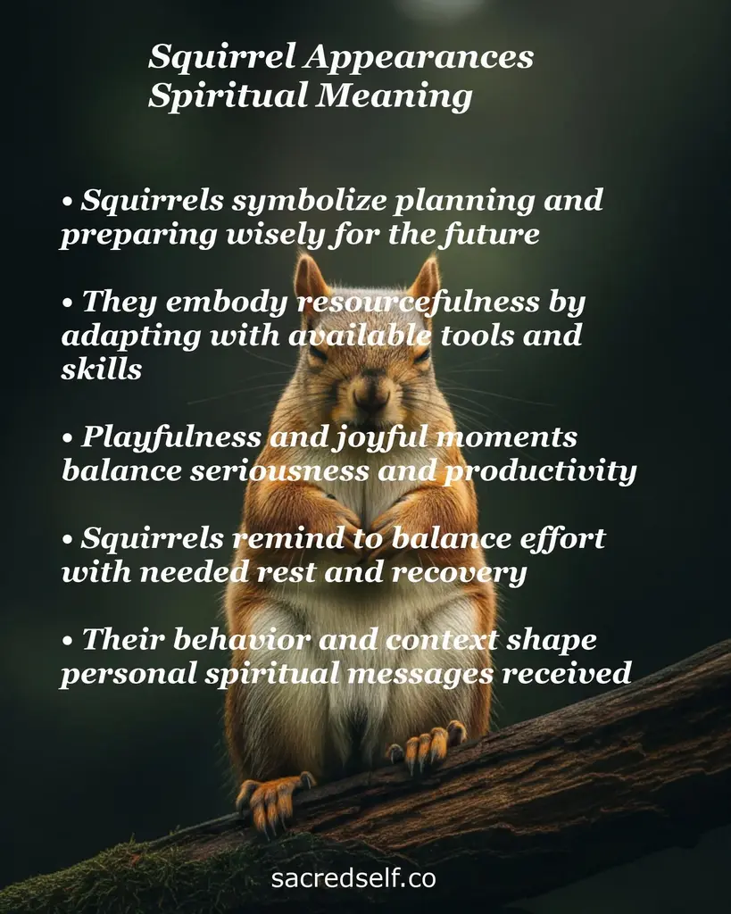 Squirrel on a branch with text about planning, resourcefulness, playfulness, rest, and context shaping spiritual messages