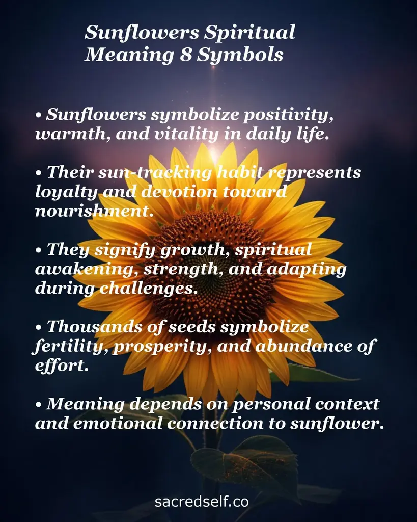 Sunflower photo with overlaid text about positivity, loyalty, growth, abundance, and personal context of spiritual meaning.