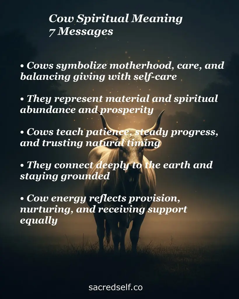 Glowing cow in a misty field with text about motherhood, abundance, patience, grounding and nurturing