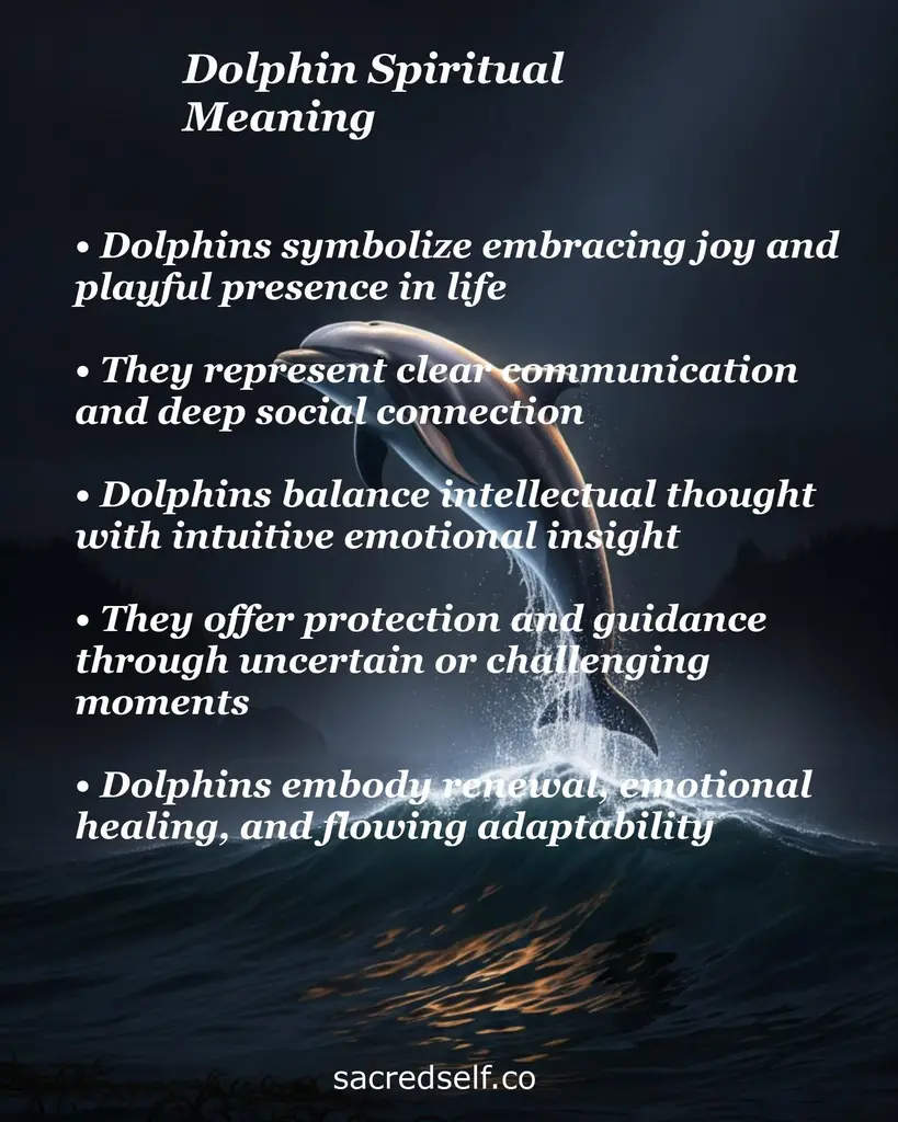 Leaping dolphin over dark ocean with text about dolphins as symbols of joy, communication, healing, protection, adaptability