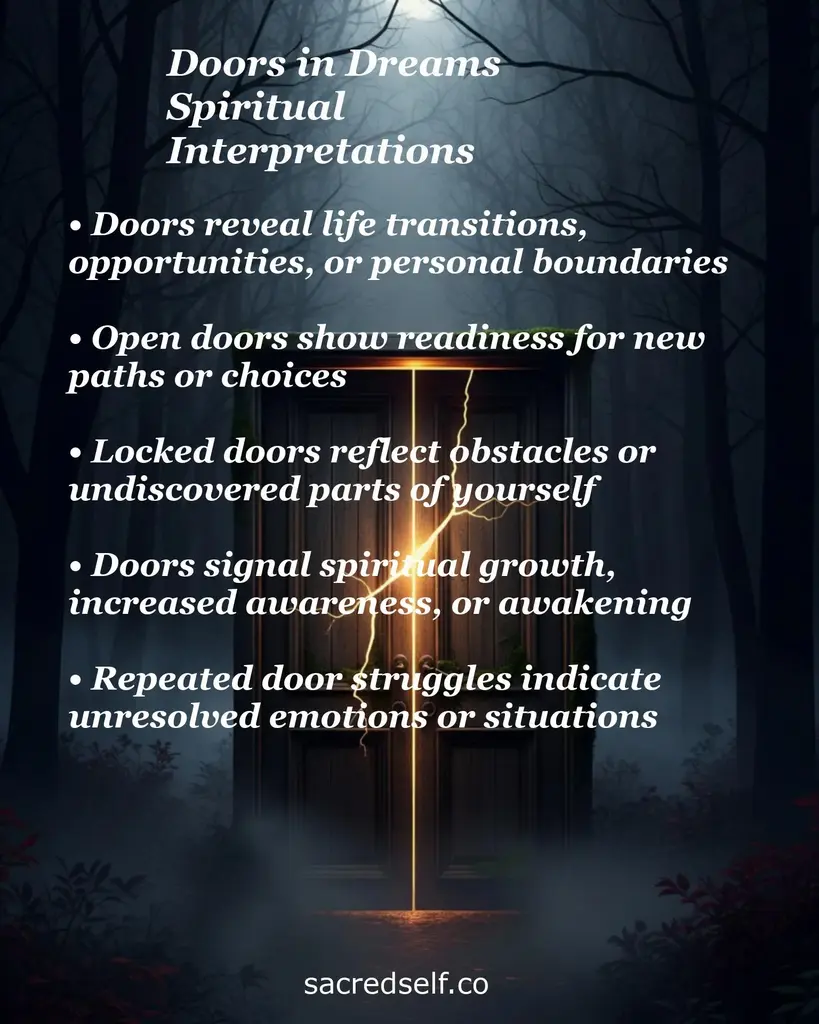 Glowing cracked door in a dark forest with text about doors revealing life transitions, open vs locked doors, and spiritual growth