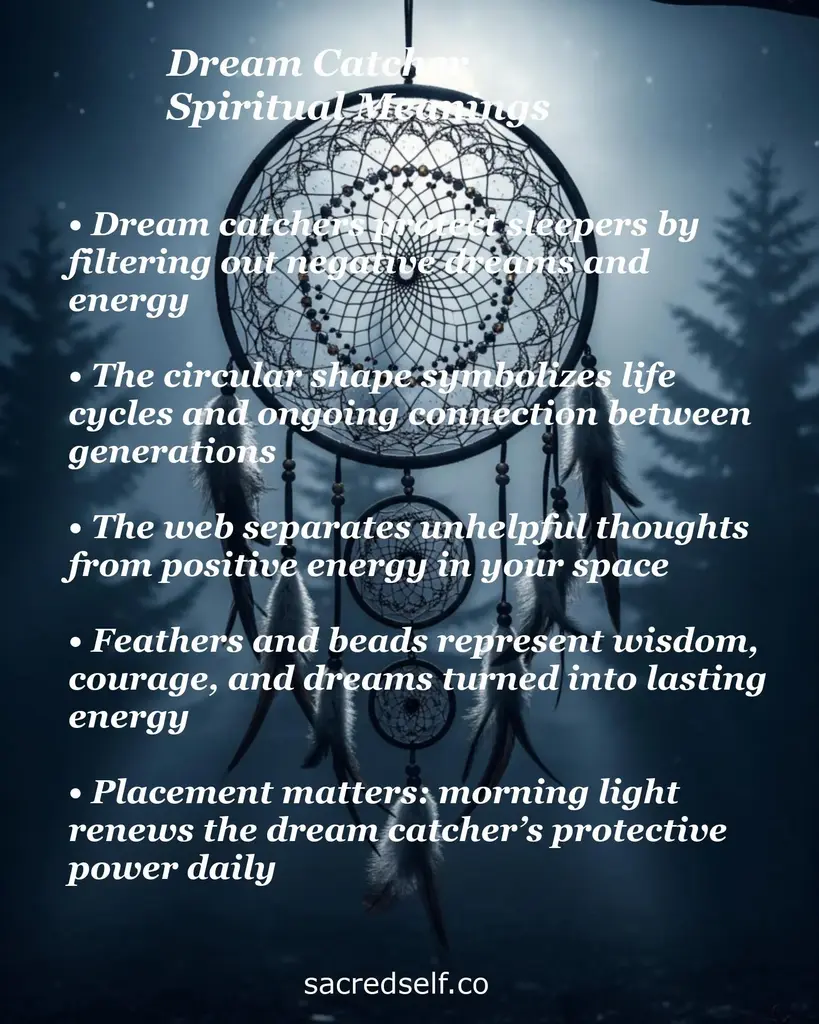 Dreamcatcher hanging in misty forest with text on filtering bad dreams, life cycles, feathers, and morning light.