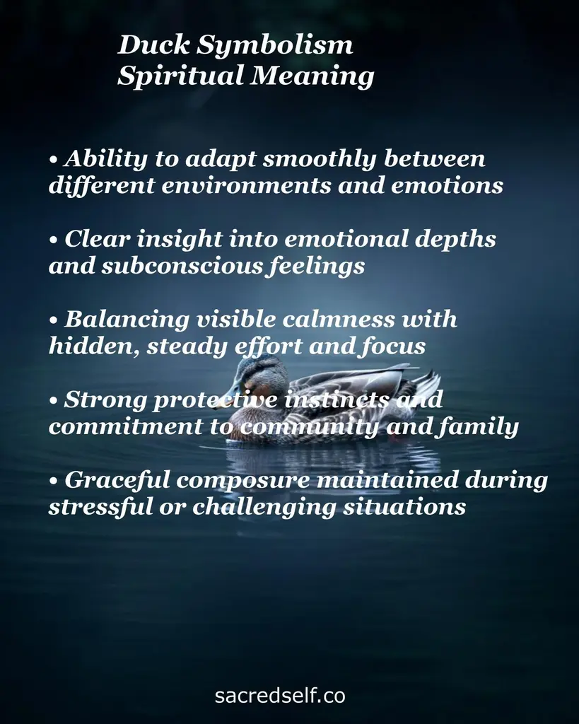 Duck on calm water with text about duck symbolism and spiritual meaning: adaptability, emotional depth, calm focus, protection, family