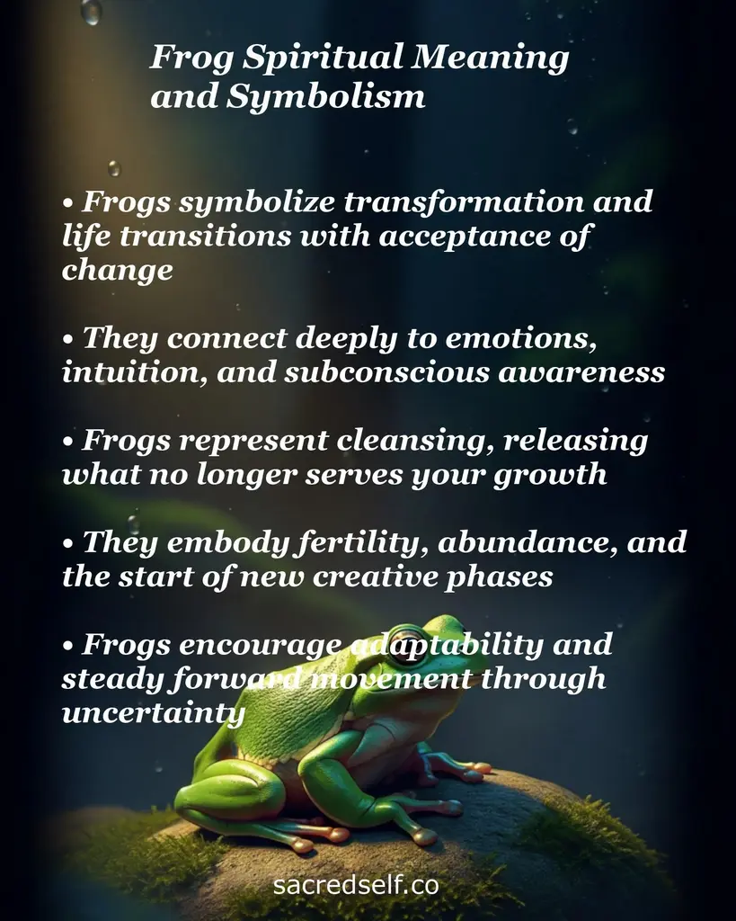 Green frog on a mossy rock with text about frogs as symbols of transformation, emotion, cleansing, fertility, and adaptability