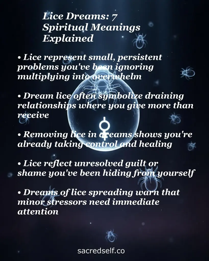 Infographic: dark space background with floating lice and captions explaining spiritual meanings of lice dreams.