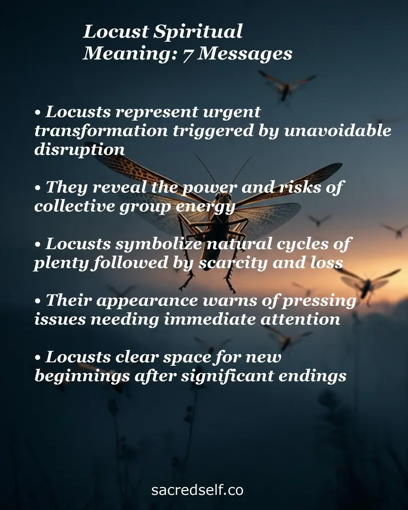 Close-up locust over dusky field with text overlay about urgent transformation, natural cycles, and new beginnings