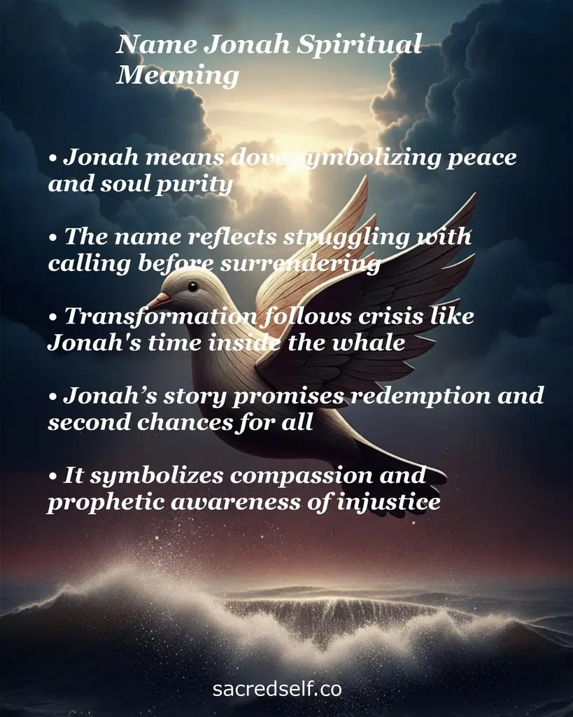 Dove over a stormy sea with text overlay about the spiritual meaning of name Jonah: peace, surrender, transformation, redemption