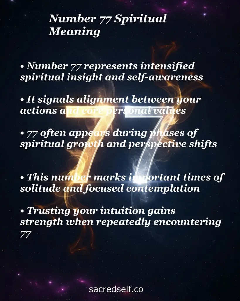 Glowing orange and blue '77' over a starry background with text about spiritual insight, alignment, growth, intuition.