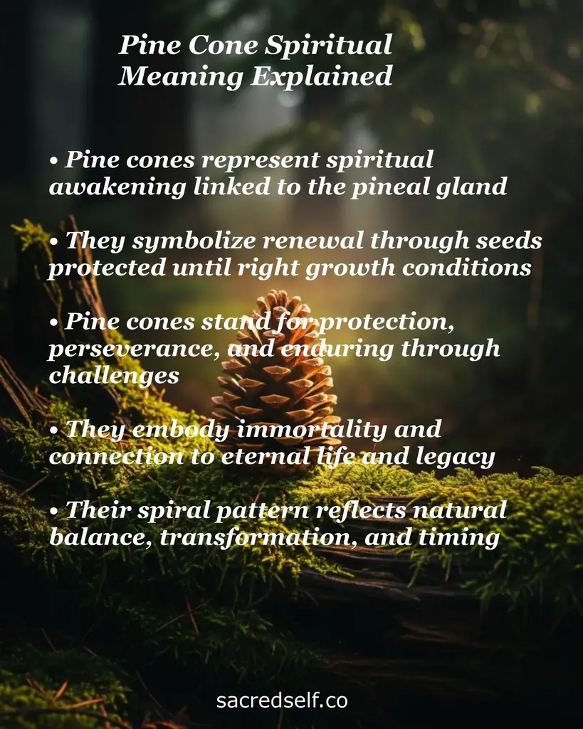 Pine cone on moss with overlay title 'Pine Cone Spiritual Meaning Explained' and text about awakening, renewal, protection