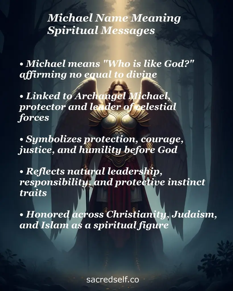 Armored archangel in forest light with text about the spiritual meaning of the name Michael: protection, leadership, courage.