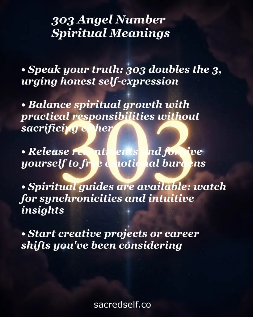 Glowing 303 over starry clouds with text on speaking your truth, balancing growth, releasing resentment, guides, creative projects