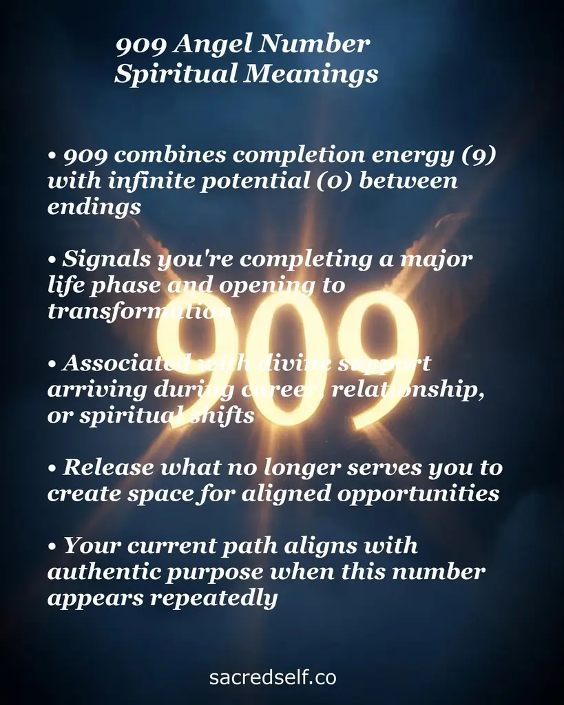 Glowing 909 on smoky blue background with text about completion, transformation, divine support, and release