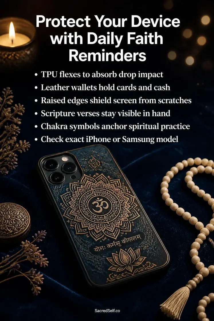 Smartphone with decorative mandala case, prayer beads, candle and botanicals arranged on deep indigo velvet surface with warm bokeh lighting - spiritual phone cases