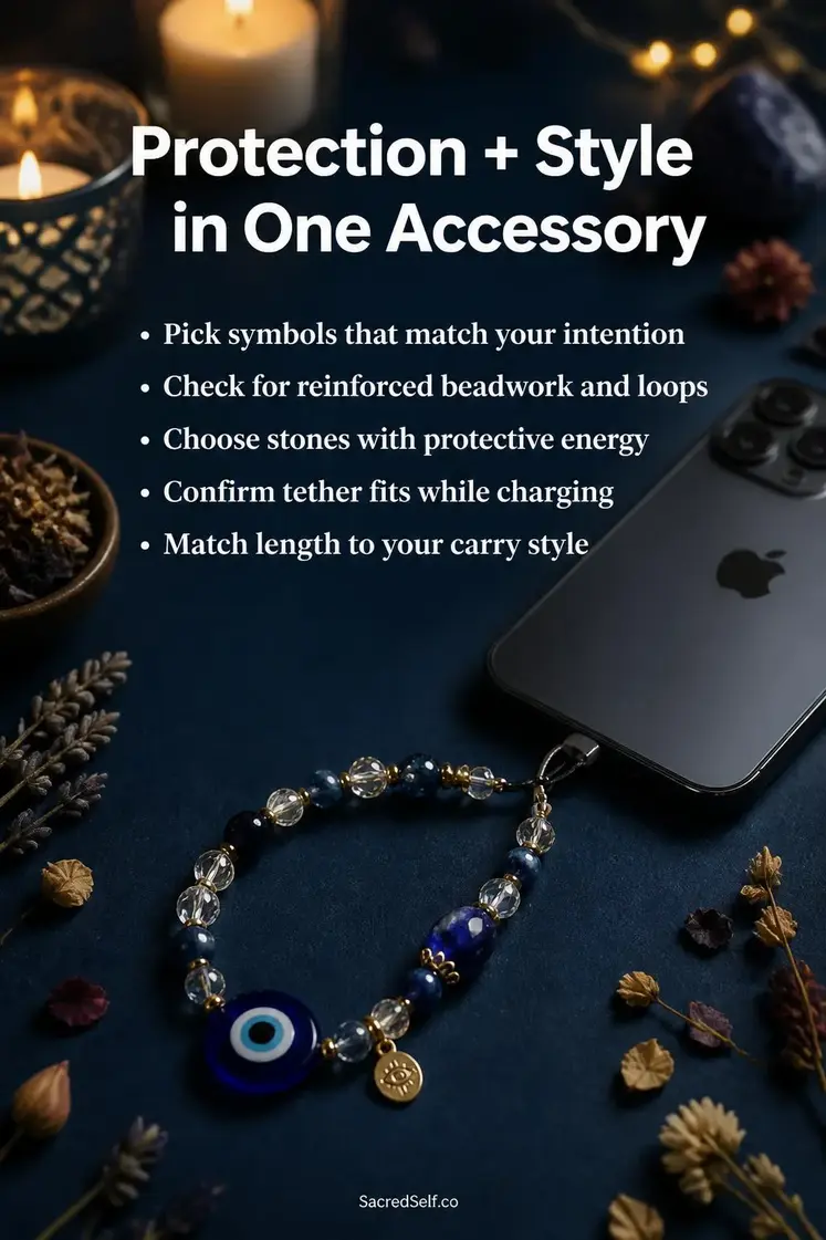 Beaded crystal phone charm with evil eye pendant attached to smartphone on deep indigo surface with candles and soft botanicals - spiritual phone charms