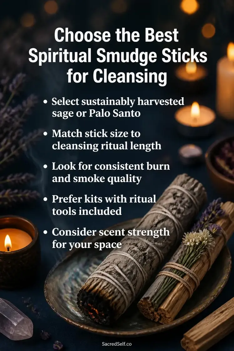 Spiritual smudge sticks arranged on deep indigo surface with candles and soft botanicals, warm light highlights texture of sage and Palo Santo bundles, creating a cozy flat lay focused on spiritual smudge sticks.
