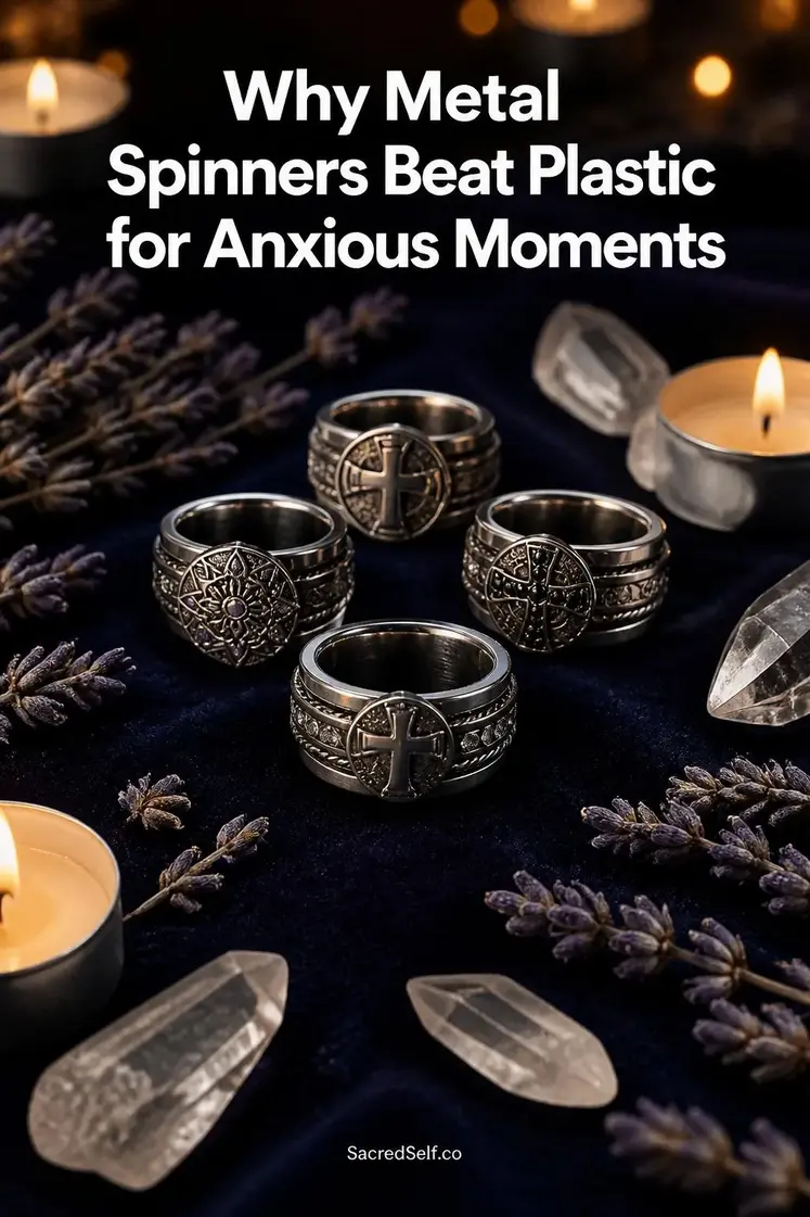 Metal spinner rings with mandala and cross designs on dark indigo velvet surface with candles, lavender and quartz crystals - spiritual stress relief spinners