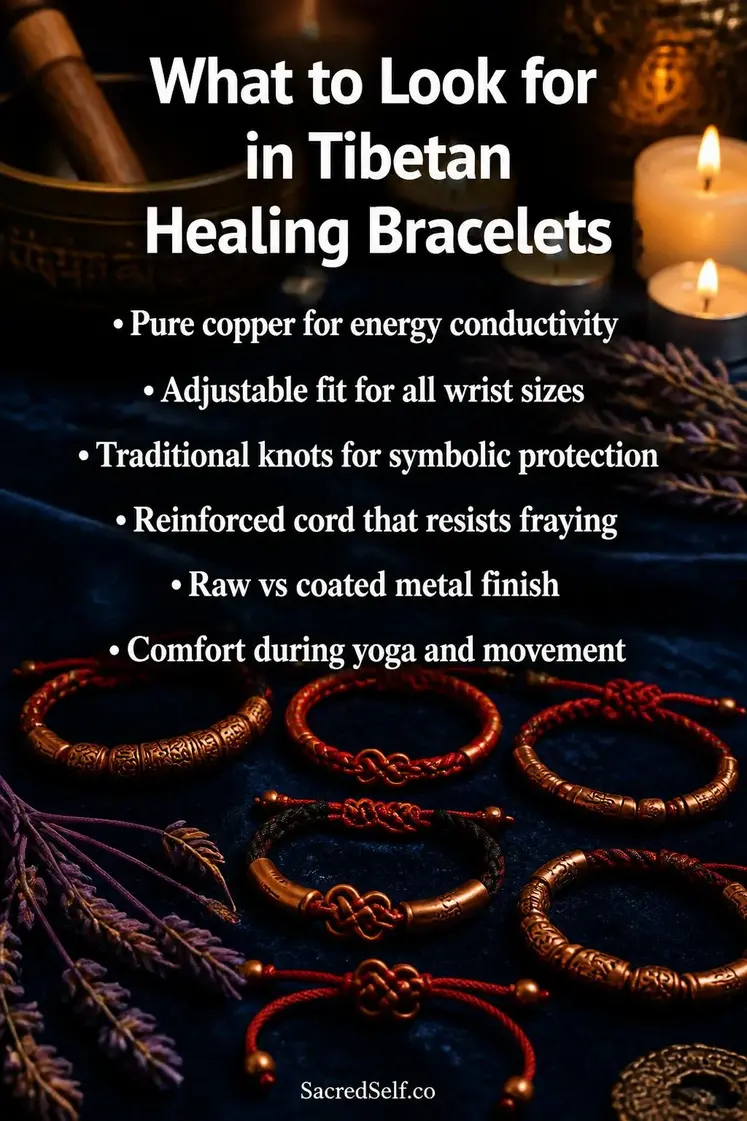 Copper and red string tibetan bracelets with traditional knot work arranged on deep indigo velvet beside brass singing bowl, white candles and dried botanicals - tibetan healing bracelets