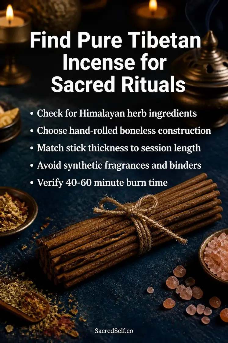 Bundle of traditional incense sticks with brass burner, dried herbs and candles arranged on deep indigo surface with warm cream accents and soft bokeh lighting — tibetan incenses for meditation