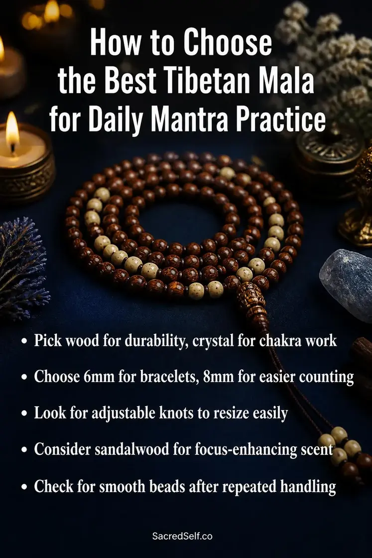Traditional wooden mala prayer beads with tassel arranged on deep indigo surface surrounded by flickering candles and botanical elements - tibetan malas for meditation