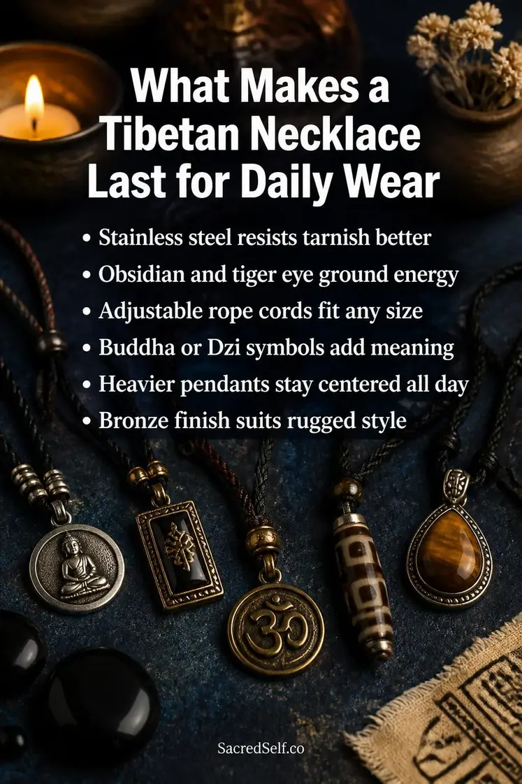 Masculine Tibetan metal pendant necklaces with obsidian and tiger eye stones, rope cords, Buddha symbols arranged on deep indigo surface with warm candlelight and cream accents - tibetan necklaces for men